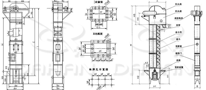 TD/D型斗式提升機(jī)基本結(jié)構(gòu):機(jī)頭蓋，機(jī)頭座，減速電機(jī)，直管，底座，緊張裝置等。