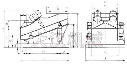ZSG礦用振動(dòng)篩外形示意圖：B為礦用振動(dòng)篩寬度，L為礦用振動(dòng)篩長度。H為礦用振動(dòng)篩高度等。