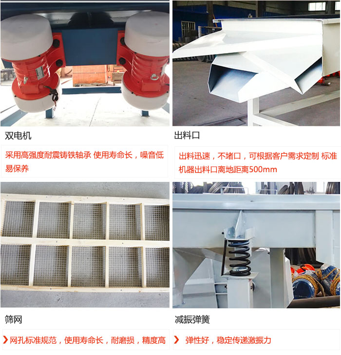 直線振動篩優(yōu)勢：雙電機：采用高強度耐震鑄鐵軸承 使用壽命長，噪音低，易保養(yǎng) 出料口：出料迅速，不堵口，可根據客戶需求定制 標準機器出料口離地距離500mm 篩網：網孔標準規(guī)范，使用壽命長，耐磨損，精度高 減振彈簧：彈性好，穩(wěn)定傳遞激振力