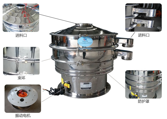 全不銹鋼振動篩細節(jié)：束環(huán)，進料口，出料口，振動電機，防護罩等。