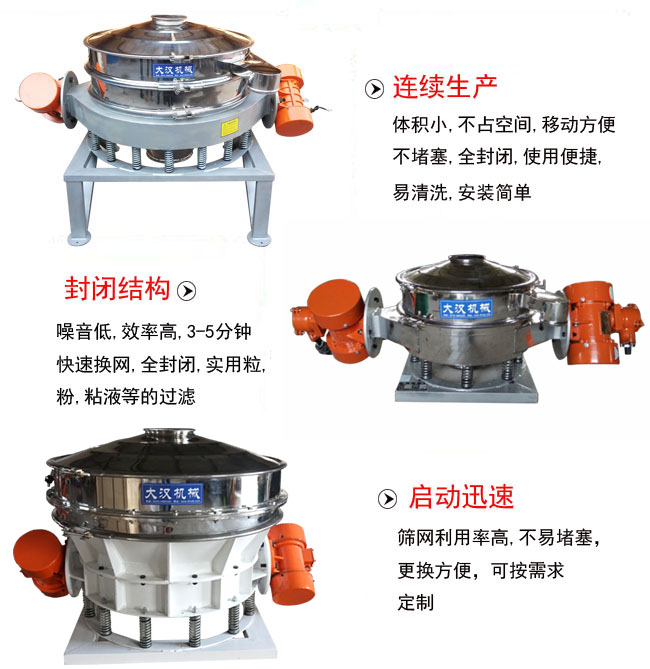 直徑1000mm直排篩特點：連續(xù)生產：體積小，不占空間，移動方便，不堵塞，全封閉，使用便捷，易清洗，安裝簡單。封閉結構：噪音低，效率高，3-5分鐘，快速換網(wǎng)，全封閉，實用粒，粉粘液等的過濾。啟動迅速：篩網(wǎng)利用率高，不易堵塞，更換方便，可按需求定制。